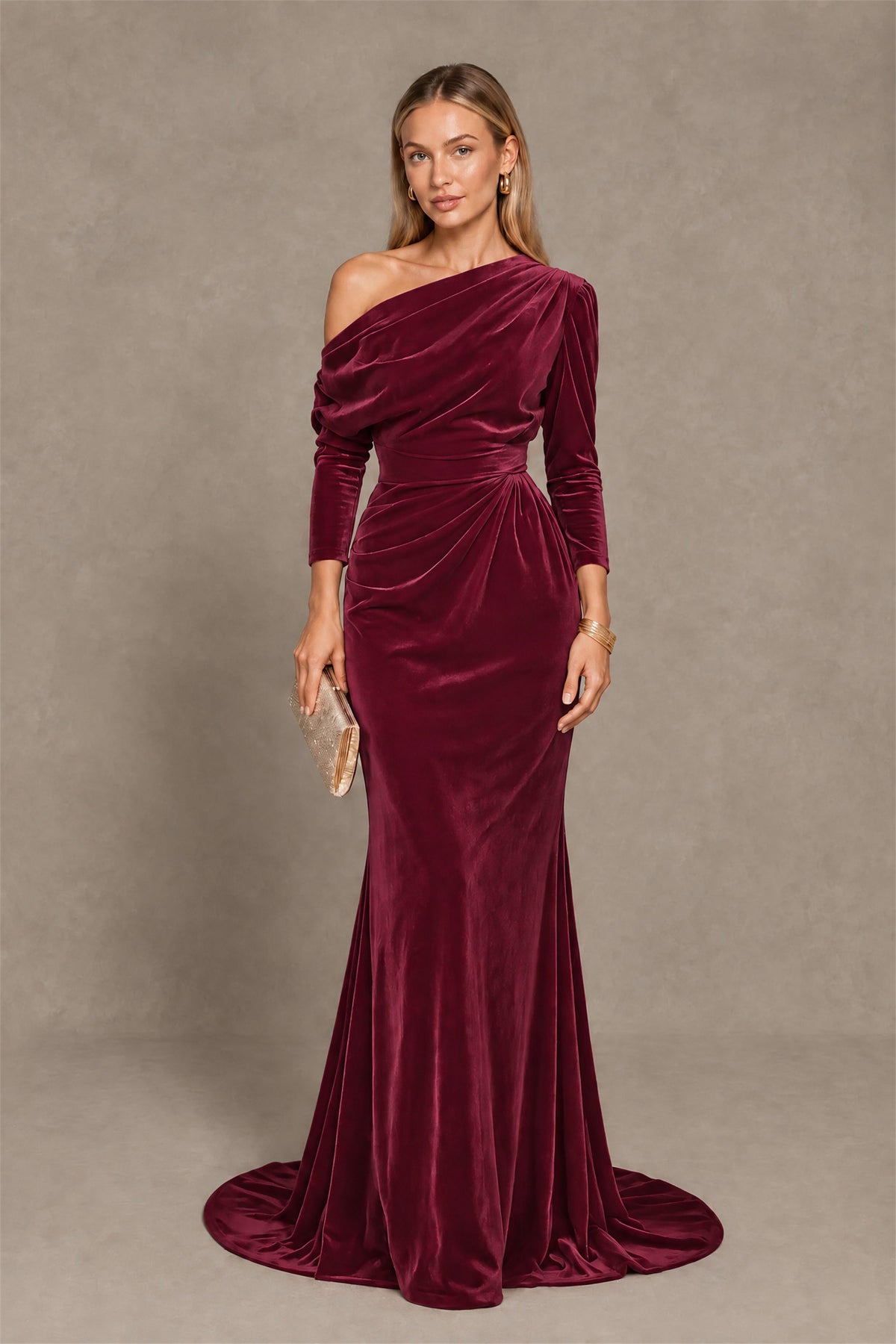 BOLODOO Desert Rose Velvet One-Shoulder Long Sleeve Evening Gown - Desert Rose