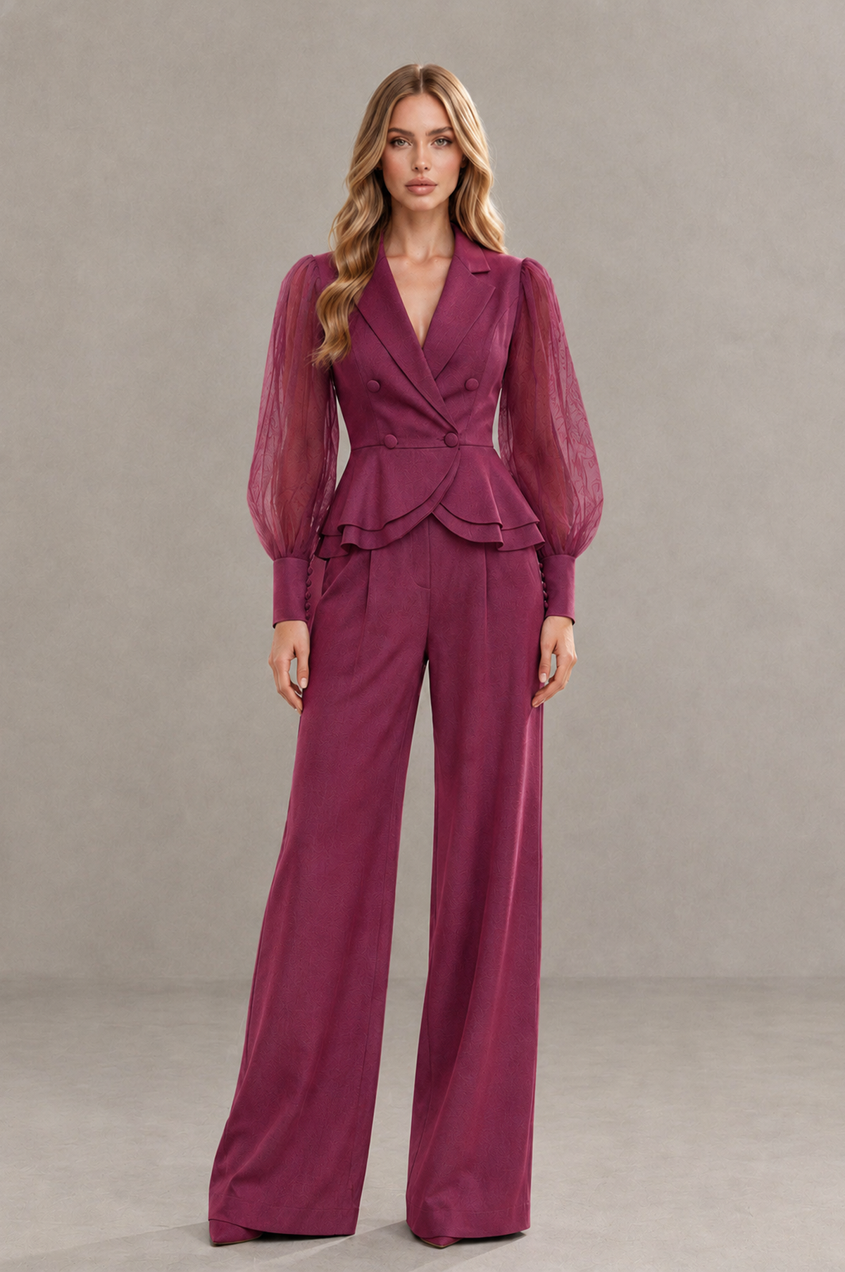BOLODOO Mint Desert Rose Peplum Blazer Wide-Leg Pantsuit with Sheer Puff Sleeves - Desert Rose