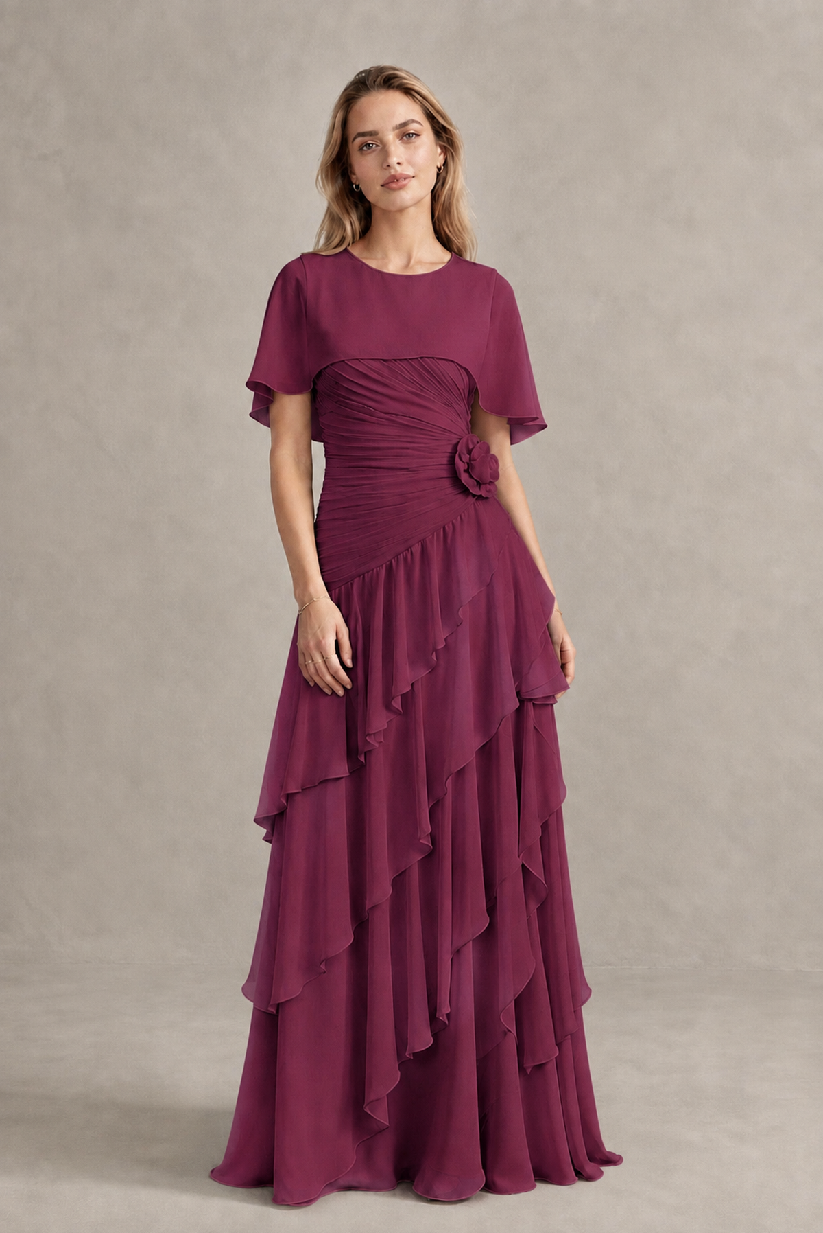BOLODOO Desert Rose Chiffon Flutter Sleeve Tiered Maxi Dress with 3D Rosette - Desert Rose
