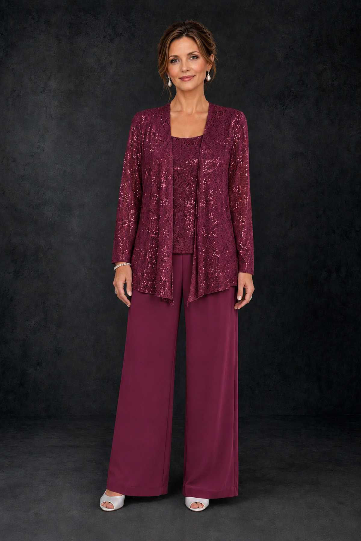 BOLODOO Desert Rose Sequin Lace 3-Piece Pant Suit with Long Sleeve Jacket - Desert Rose - Desert Rose (1)