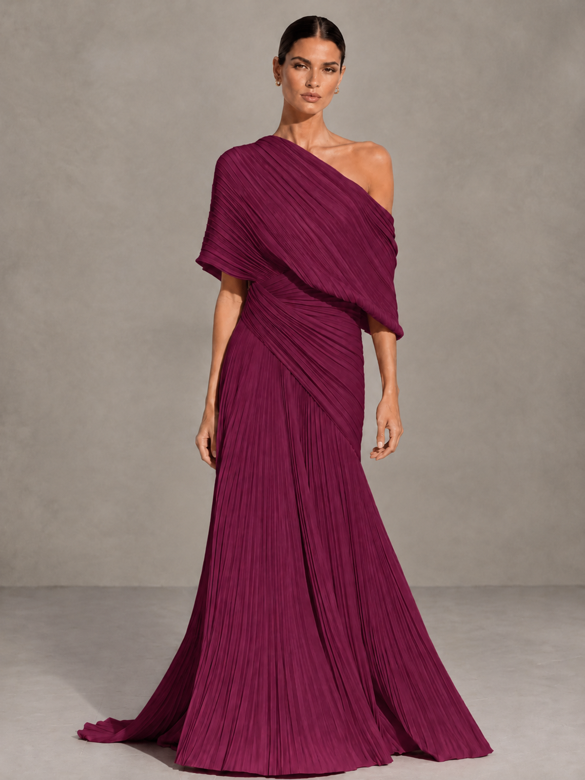 BOLODOO Desert Rose One-Shoulder Pleated Cape Evening Gown with Train - Desert Rose - Desert Rose (1)