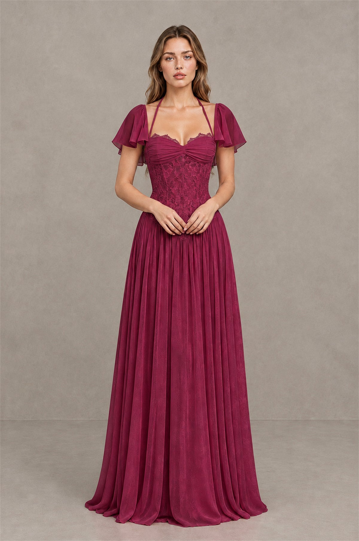 BOLODOO Desert Rose Flutter Sleeve Lace Corset A-Line Maxi Dress - Desert Rose - Desert Rose (1)