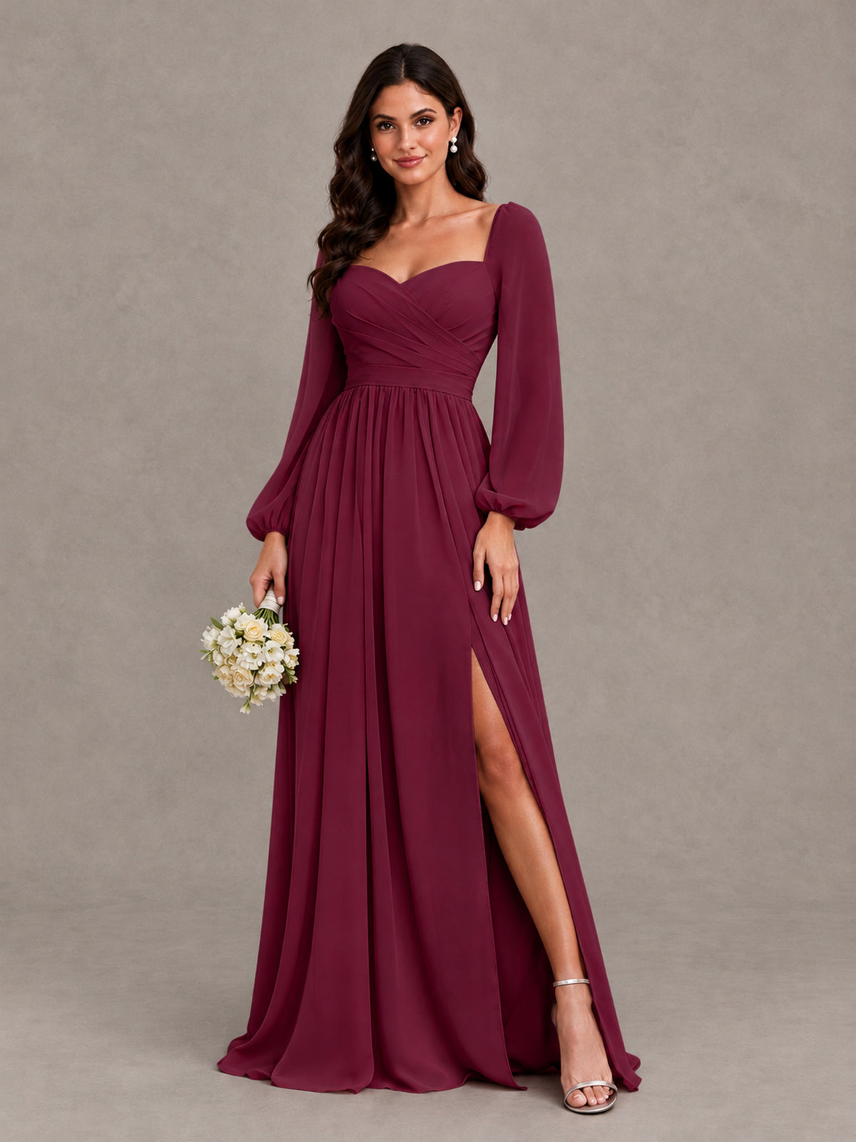 BOLODOO Desert Rose Long Sleeve Chiffon Bridesmaid Dress with Slit - Desert Rose - Desert Rose (1)