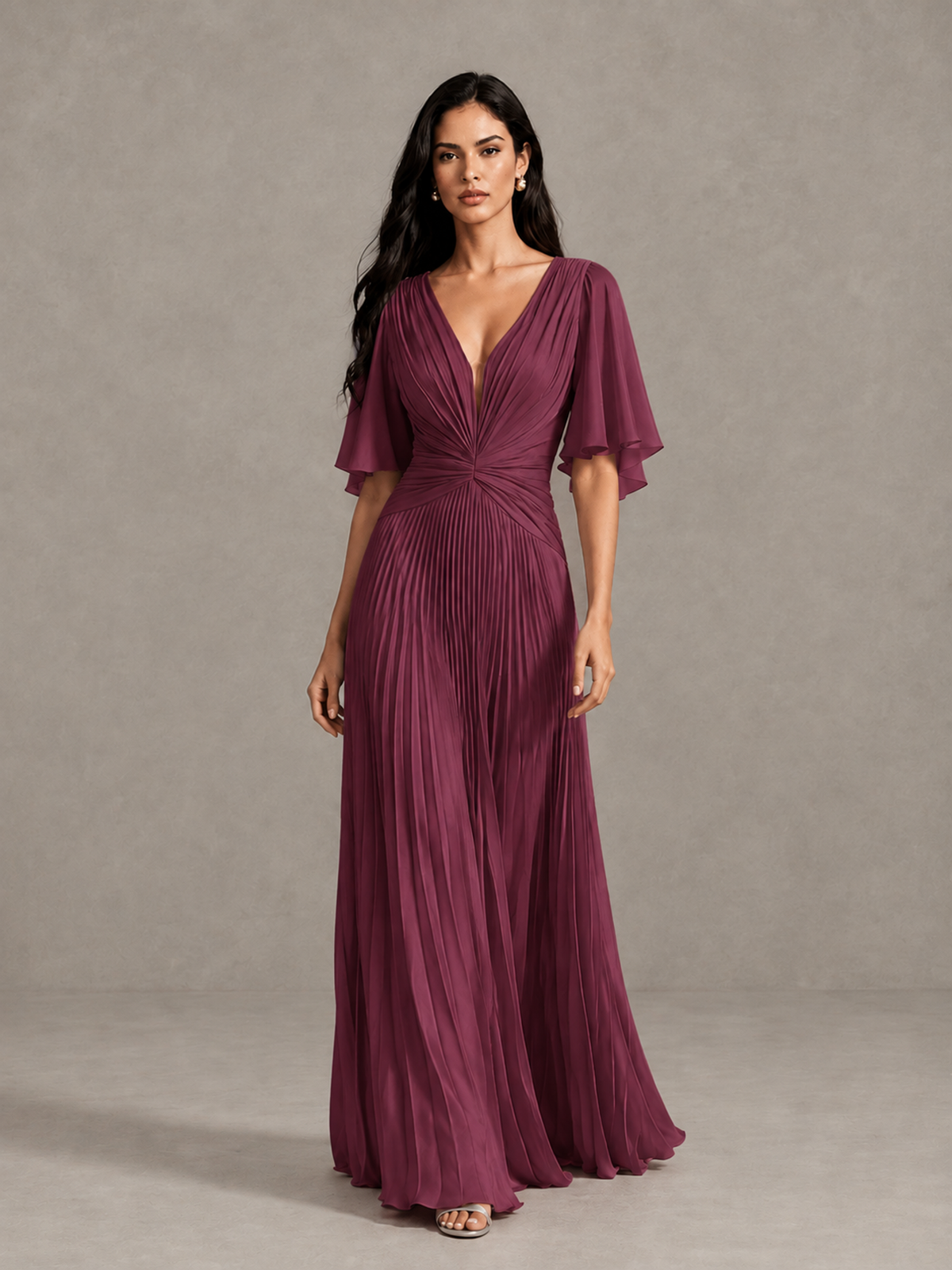 BOLODOO Desert Rose Pleated V-Neck Flutter Sleeve Bridesmaid Dress - Desert Rose - Desert Rose (1)