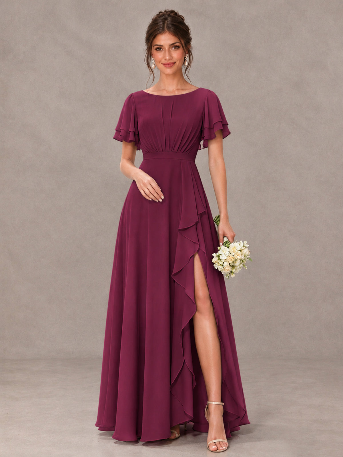 BOLODOO Desert Rose Flutter Sleeve Ruffle Bridesmaid Dress with Slit - Desert Rose - Desert Rose (1)
