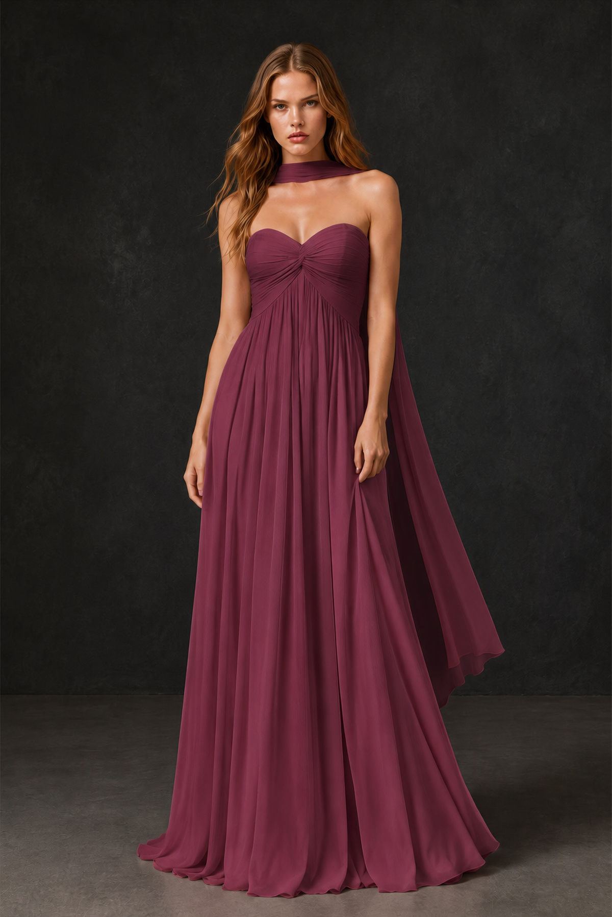 BOLODOO Desert Rose Sweetheart Strapless Twist Knot Detached Halter Scarf Lace-Up Back Empire Waist Chiffon Maxi Dress - Desert Rose