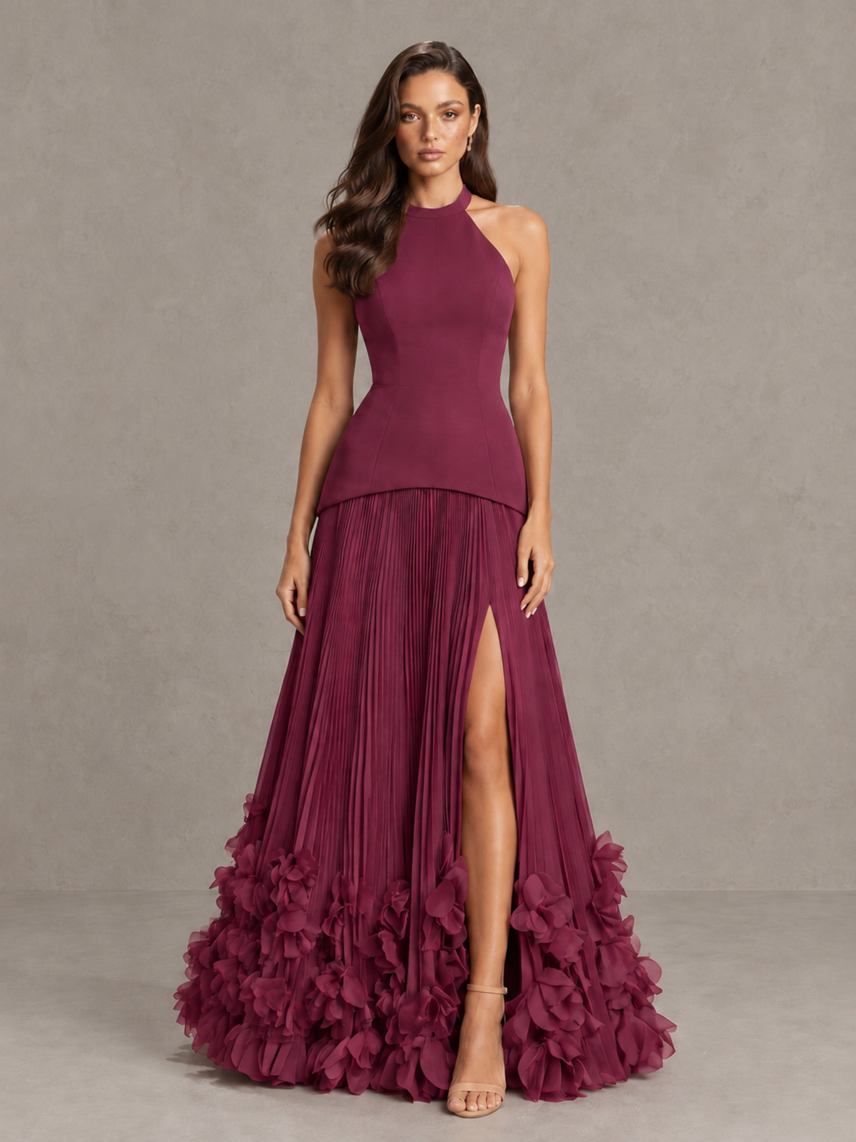BOLODOO Desert Rose Halter Neck Floor-Length Evening Gown with High Slit & 3D Floral Hem - Desert Rose - Desert Rose (1)