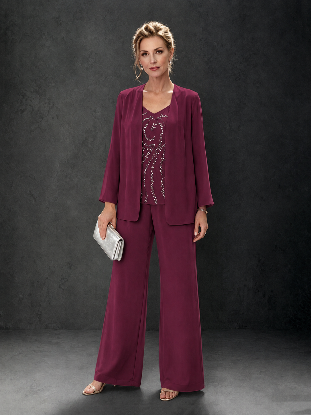 BOLODOO Desert Rose 3-Piece Mother of the Bride Pant Suit with Beaded Top & Chiffon Jacket - Desert Rose