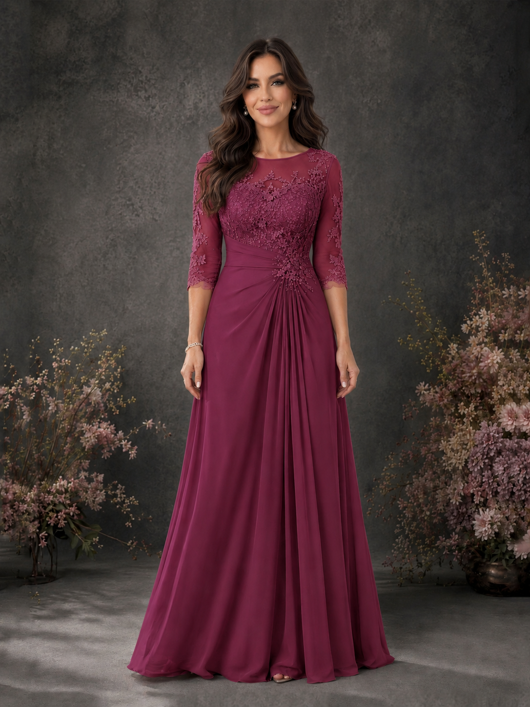 BOLODOO Desert Rose Chiffon Lace Illusion Neckline 3/4 Sleeve Floor Length Formal Gown - Desert Rose
