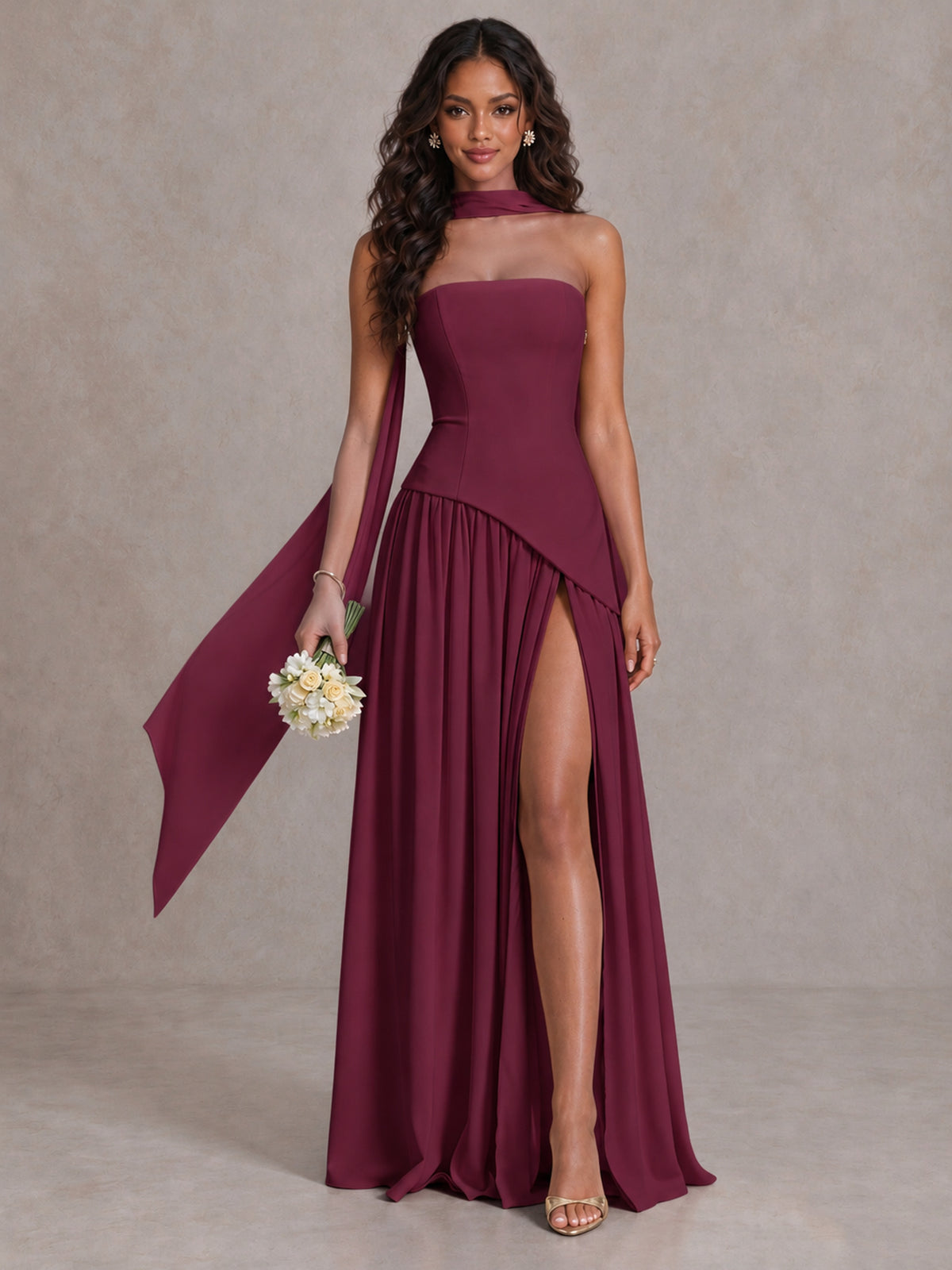 Desert Rose Strapless Bridesmaid Dress with Scarf & High Slit - Desert Rose - Desert Rose (1)