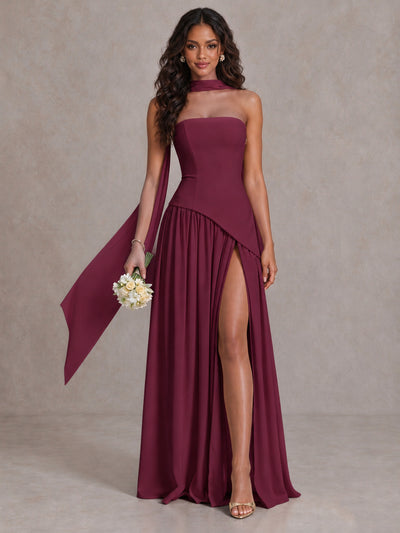 Desert Rose Strapless Bridesmaid Dress with Scarf & High Slit - Desert Rose - Desert Rose (1)