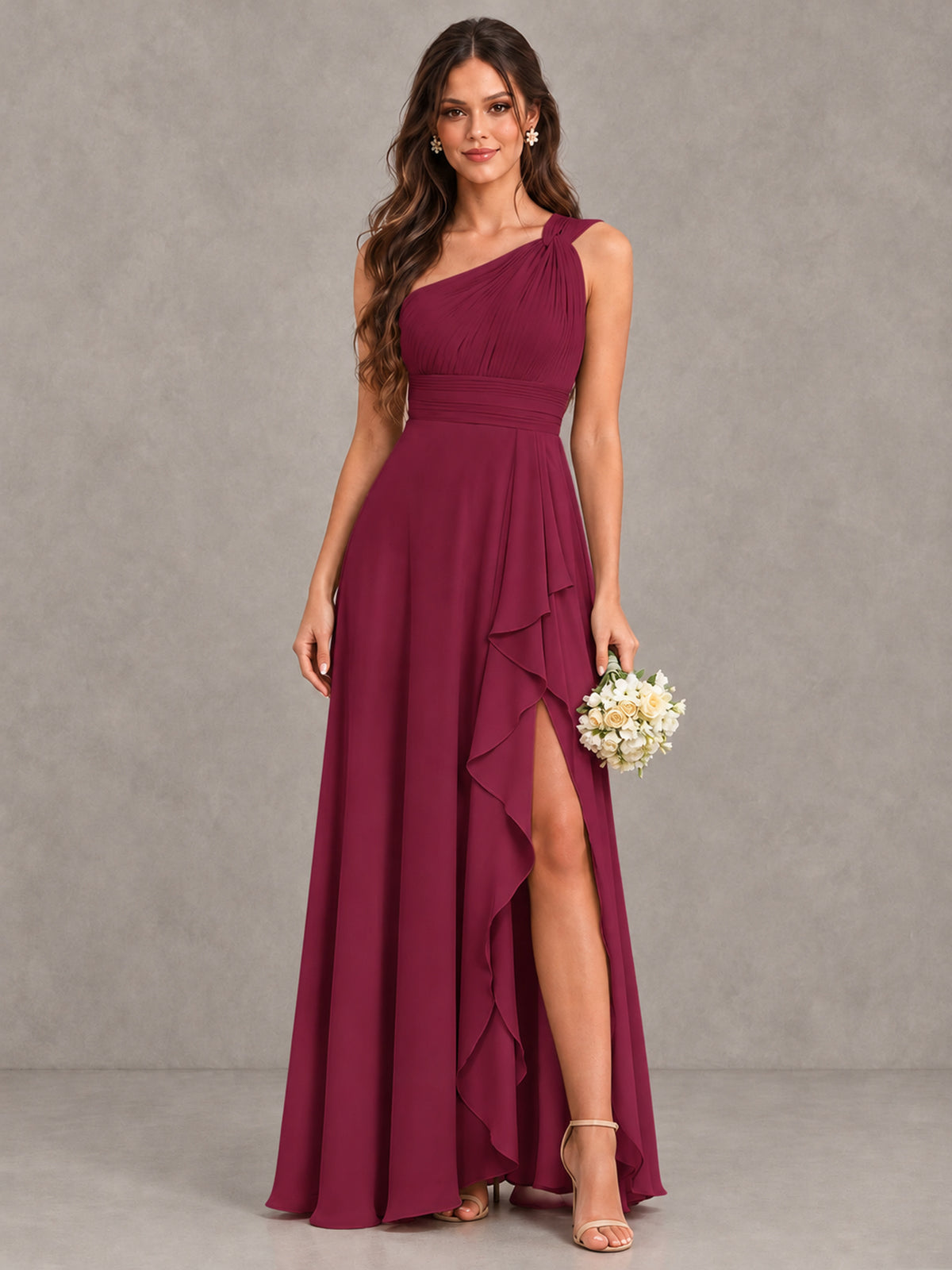 BOLODOO Desert Rose One-Shoulder Ruffle Bridesmaid Dress with Slit - Desert Rose - Desert Rose (1)