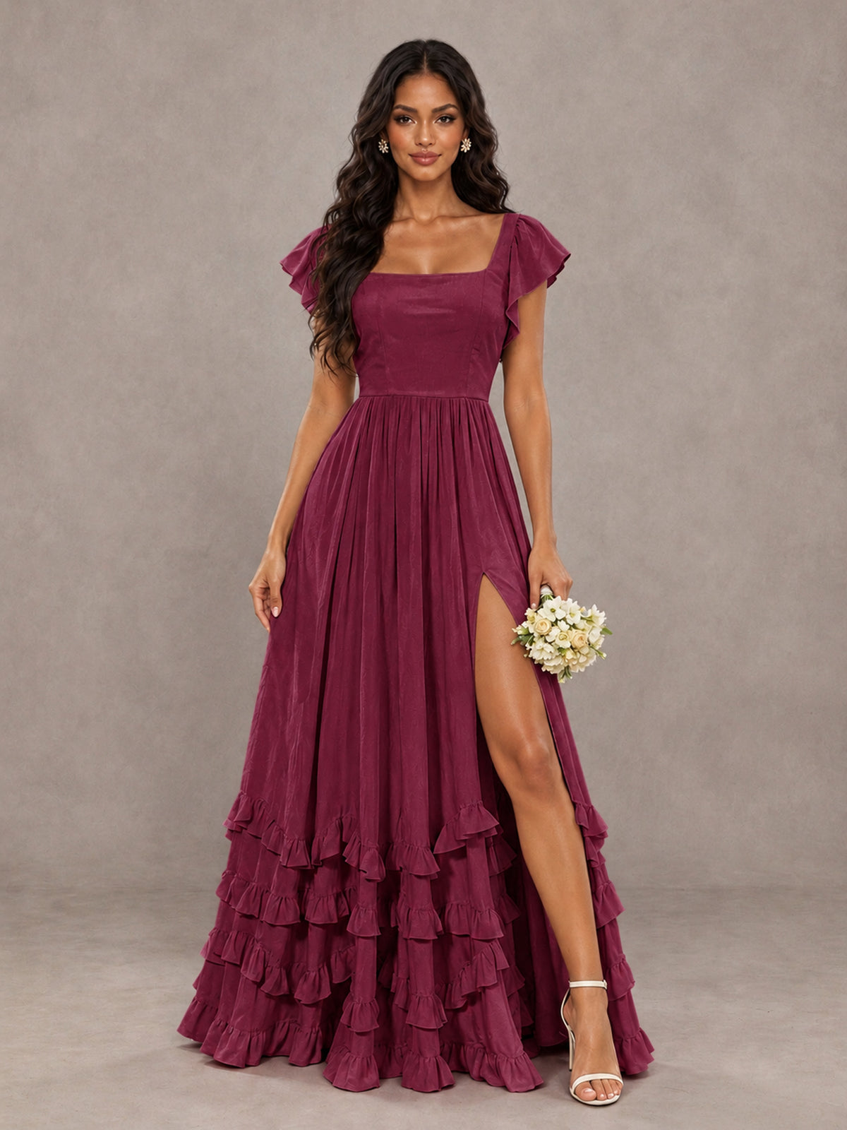 BOLODOO Desert Rose Flutter Sleeve Ruffle Bridesmaid Dress with Slit - Desert Rose - Desert Rose (1)