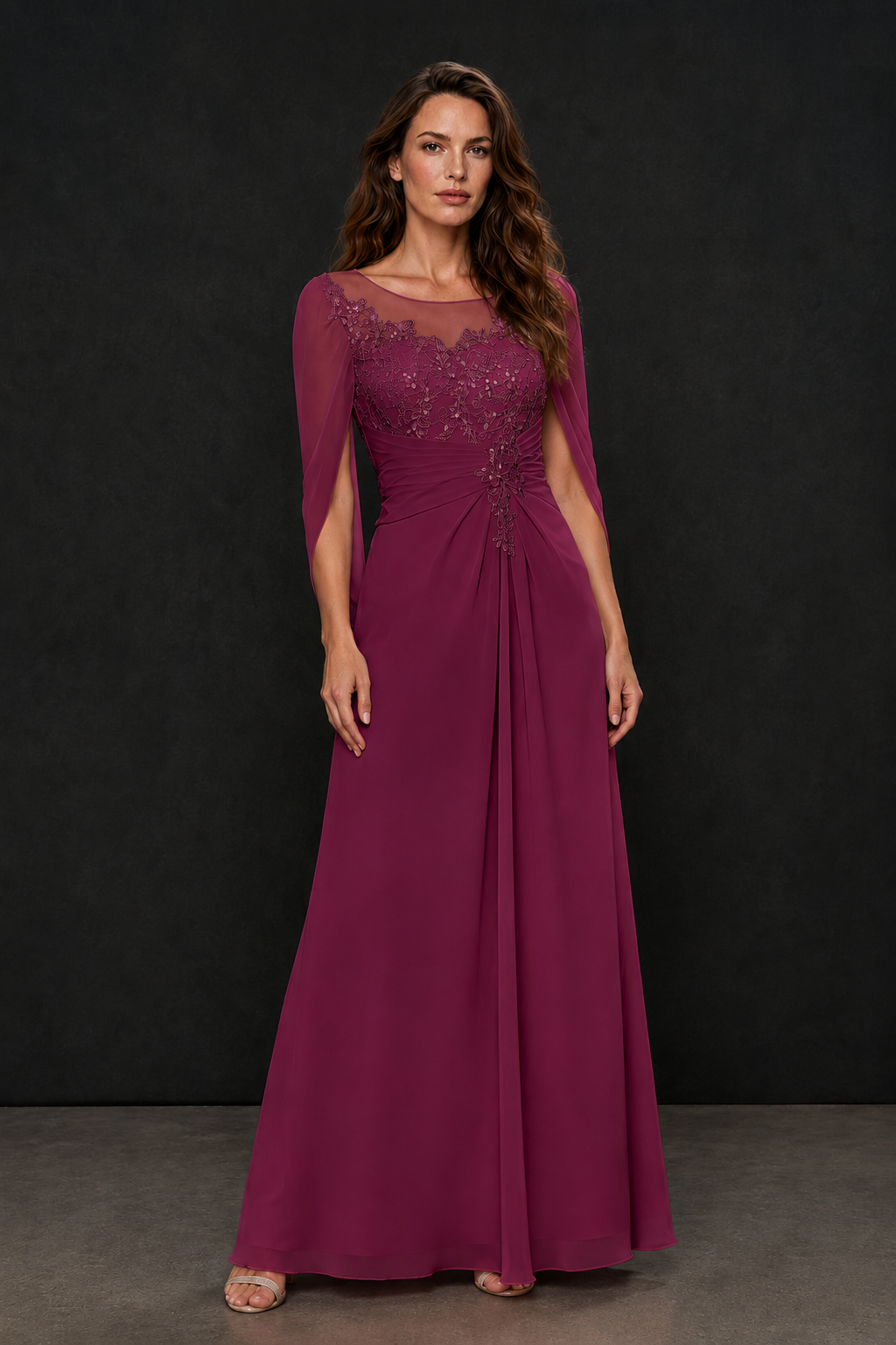 BOLODOO Desert Rose Illusion Lace One-Side Cape Sleeve Beaded Chiffon Floor Length Gown | Mother of the Bride Evening Dress - Desert Rose