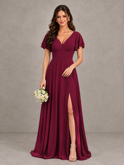 BOLODOO Desert Rose Flutter Sleeve Chiffon A-Line Maxi Bridesmaid Dress with Open Back & Slit - Desert Rose - Desert Rose (1)