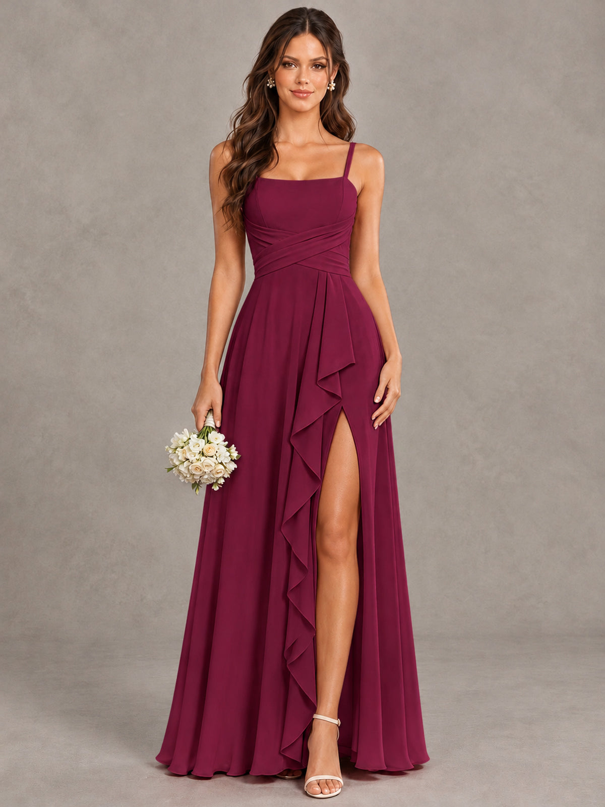 BOLODOO Desert Rose Spaghetti Strap Ruffle Bridesmaid Dress with Slit - Desert Rose - Desert Rose (1)