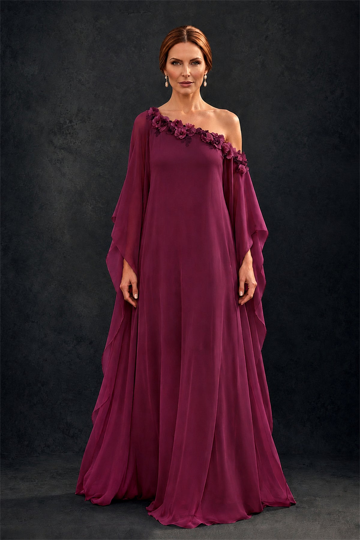 BOLODOO Desert Rose 2-Piece Set: Off-Shoulder 3D Floral Cape Gown & One-Shoulder Wide-Leg Jumpsuit | BD0373 - Desert Rose