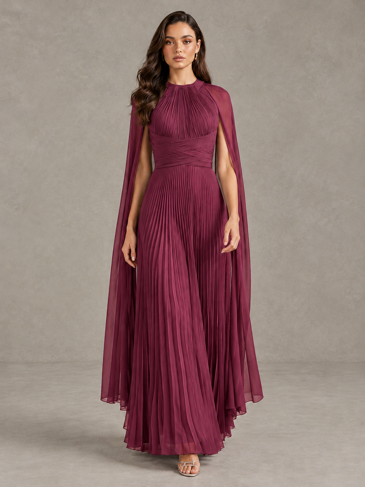 BOLODOO Desert Rose Pleated Cape Maxi Wedding Guest Dress - Desert Rose - Desert Rose (1)