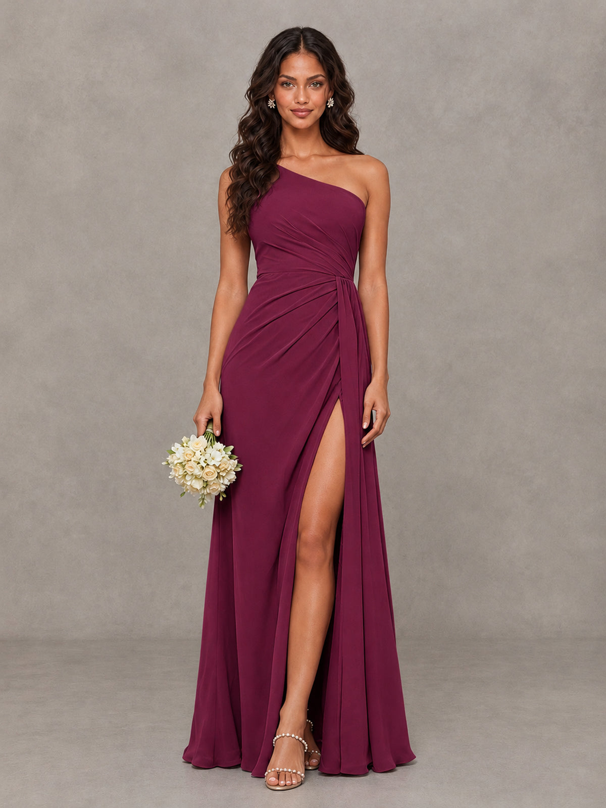 BOLODOO Desert Rose One-Shoulder Chiffon Bridesmaid Dress with Ruched Bodice & High Slit - Desert Rose - Desert Rose (1)