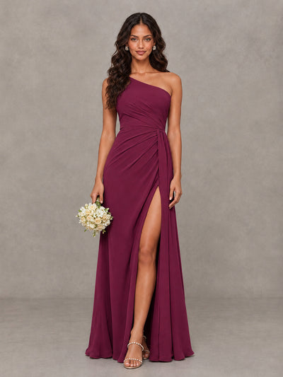 BOLODOO Desert Rose One-Shoulder Chiffon Bridesmaid Dress with Ruched Bodice & High Slit - Desert Rose - Desert Rose (1)