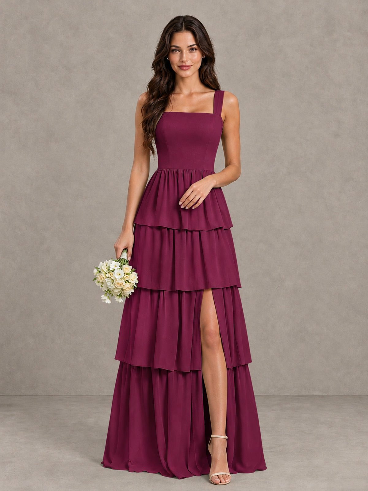 BOLODOO Desert Rose Square Neck Tiered Bridesmaid Dress with Slit - Desert Rose - Desert Rose (1)