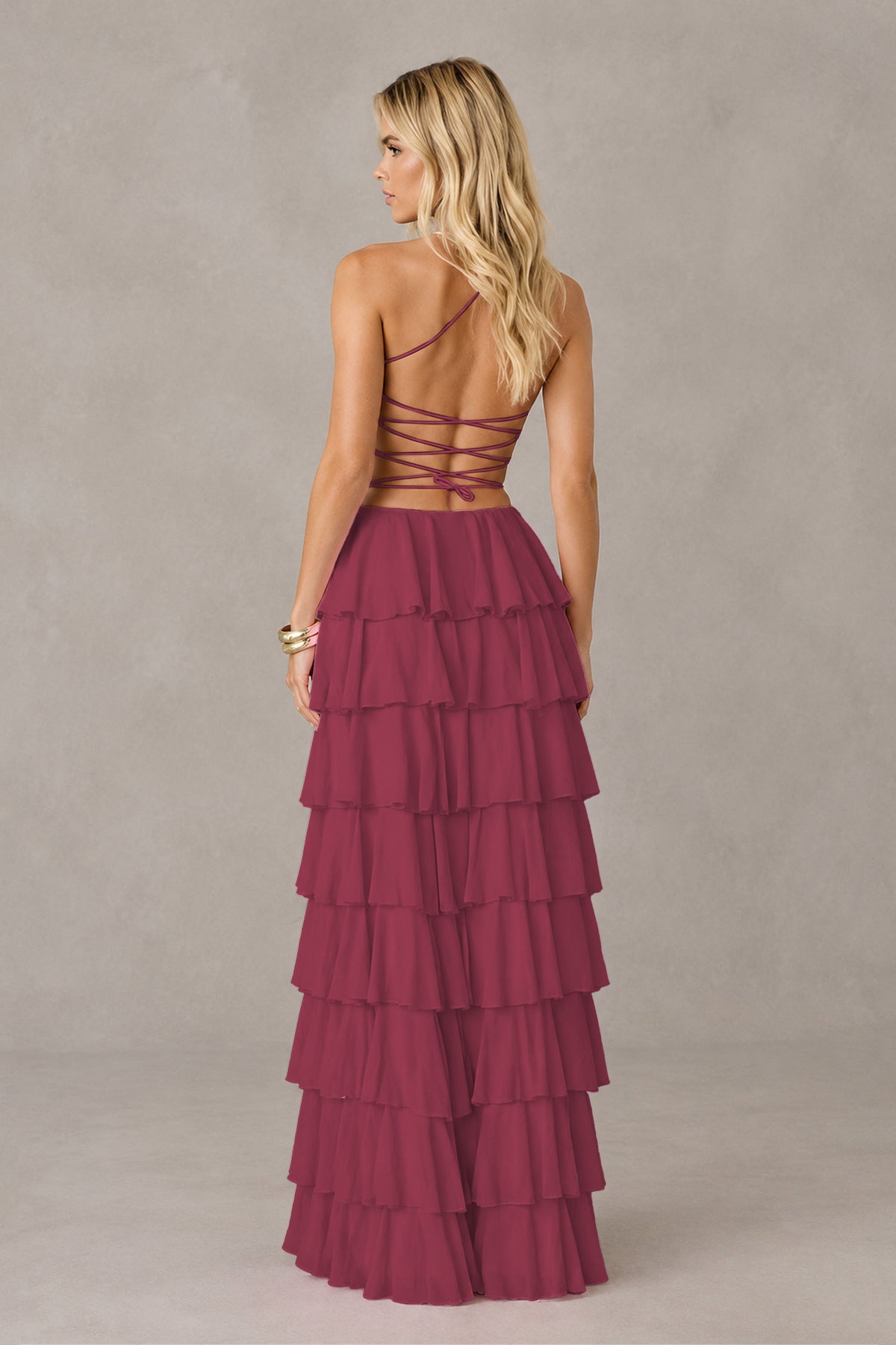 BOLODOO Desert Rose Strapless Tiered Ruffle Maxi Dress with Slit & Lace-Up Back - Desert Rose
