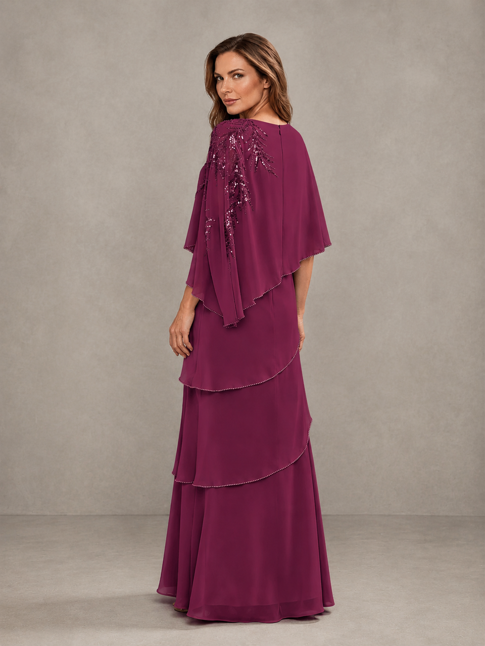 BOLODOO Desert Rose Mocha Asymmetric Cape Sleeve Desert Rose Sequin Embroidered Pearl Trim Tiered Chiffon Gown - Desert Rose