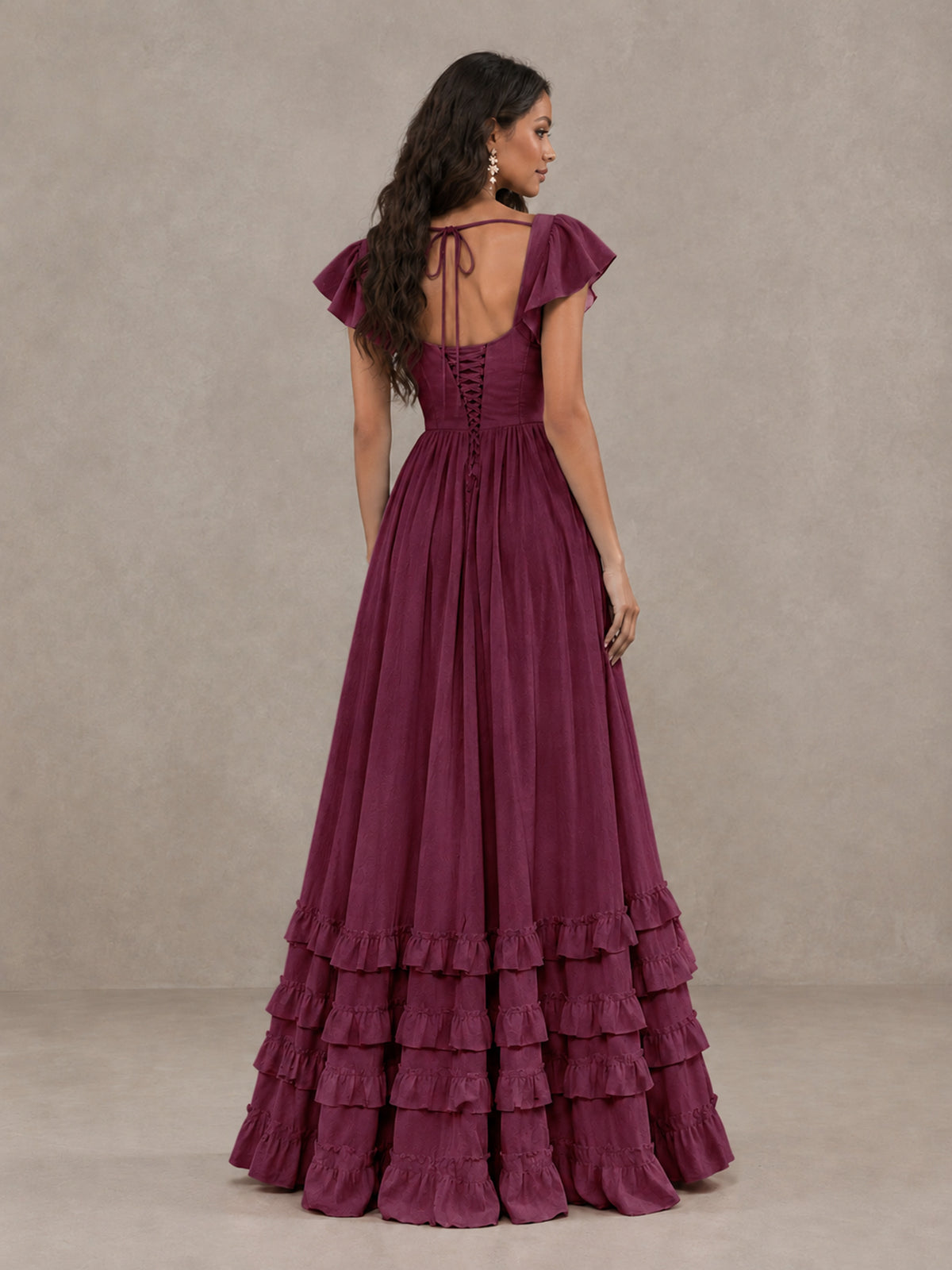 BOLODOO Desert Rose Flutter Sleeve Ruffle Bridesmaid Dress with Slit - Desert Rose - Desert Rose (2)
