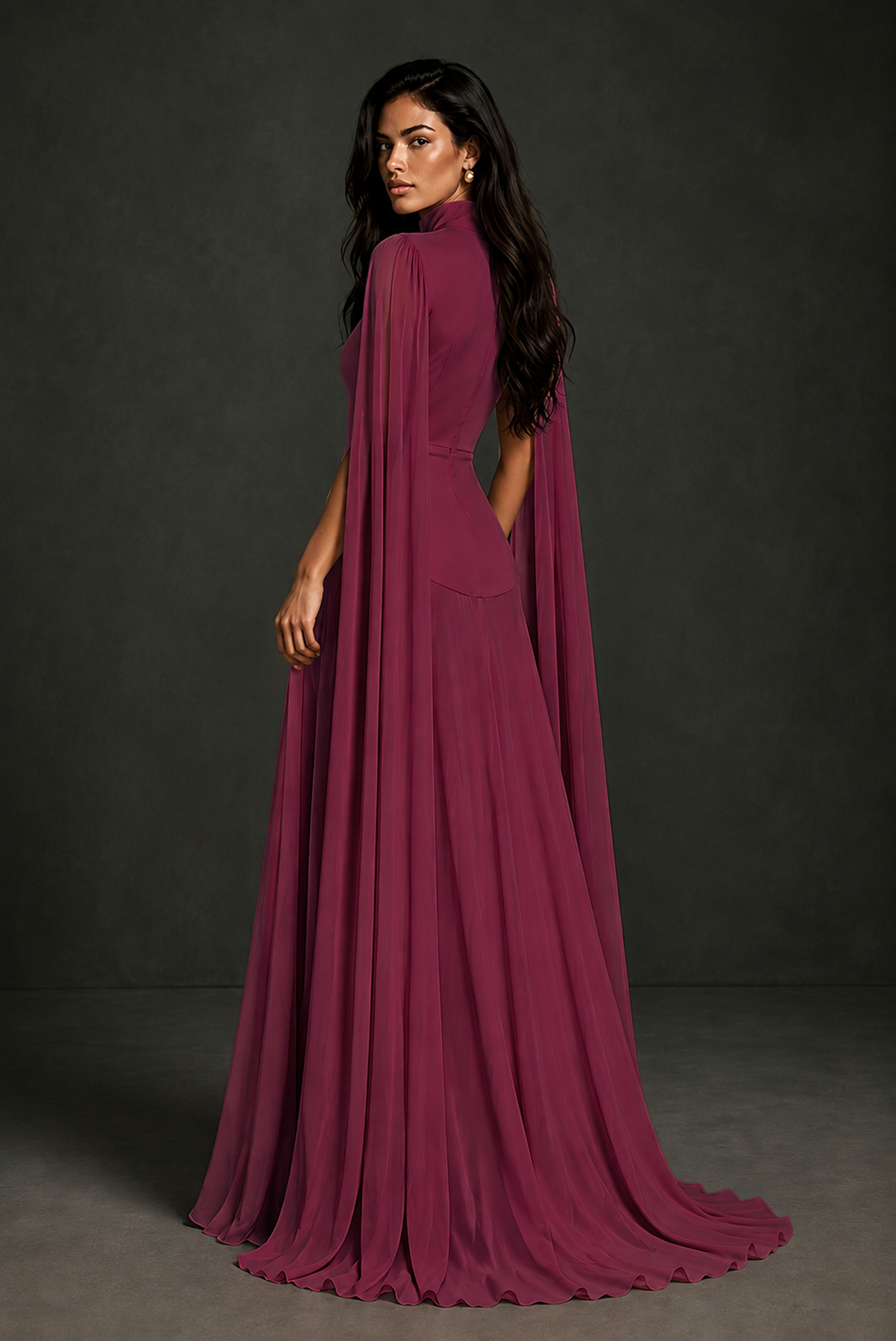 BOLODOO Desert Rose Mock Neck Cape Sleeve A-Line Chiffon Maxi Dress - Desert Rose