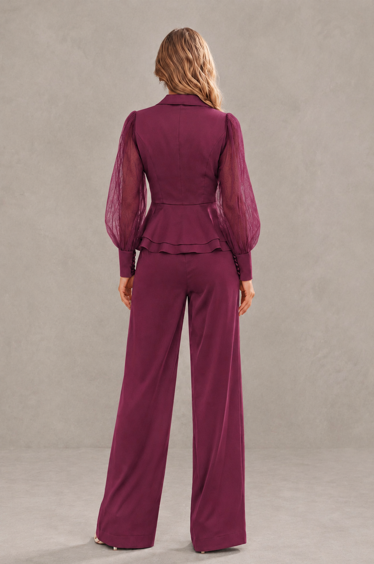 BOLODOO Mint Desert Rose Peplum Blazer Wide-Leg Pantsuit with Sheer Puff Sleeves - Desert Rose