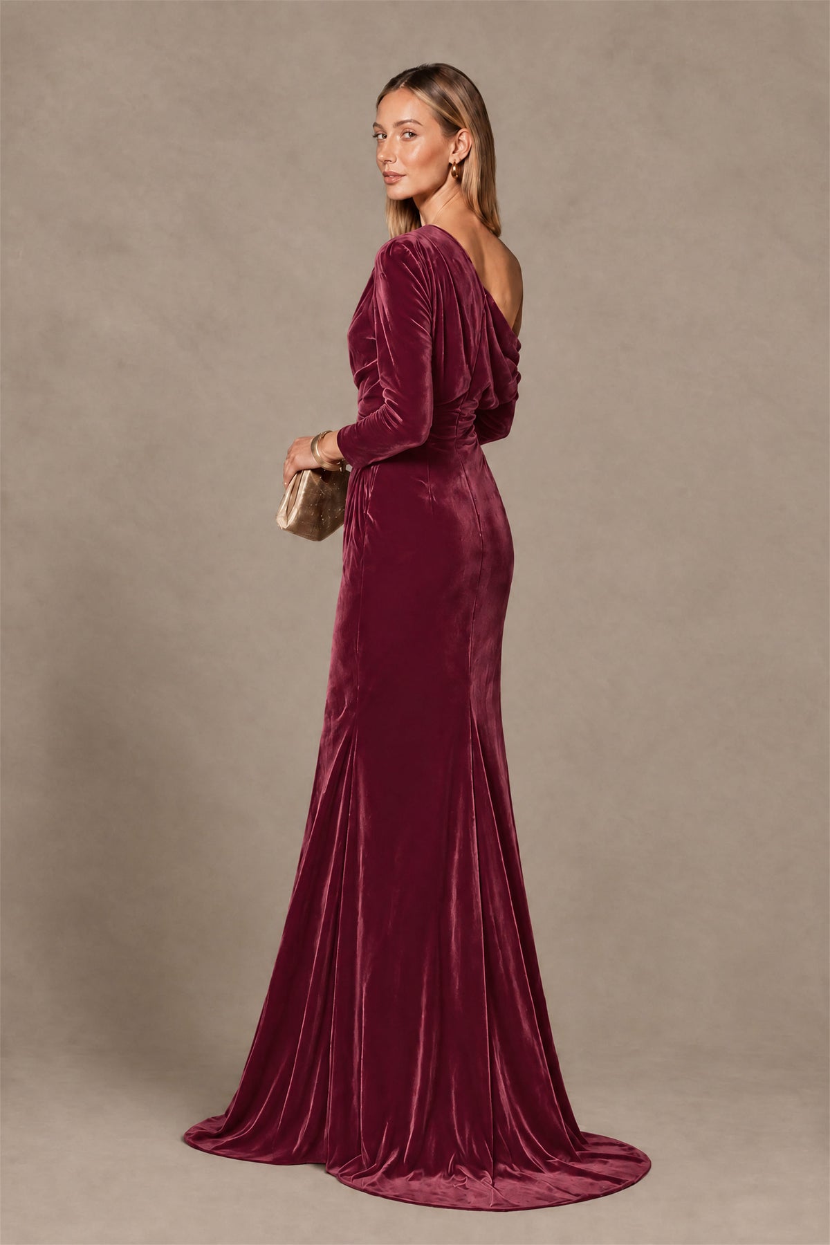 BOLODOO Desert Rose Velvet One-Shoulder Long Sleeve Evening Gown - Desert Rose
