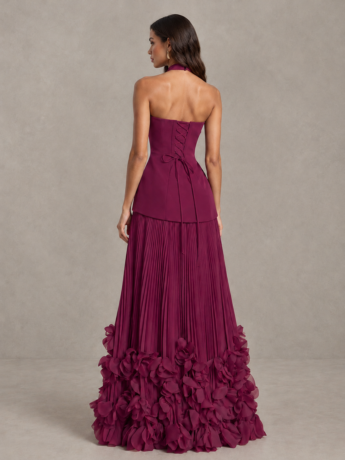 BOLODOO Desert Rose Halter Neck Floor-Length Evening Gown with High Slit & 3D Floral Hem - Desert Rose - Desert Rose (2)