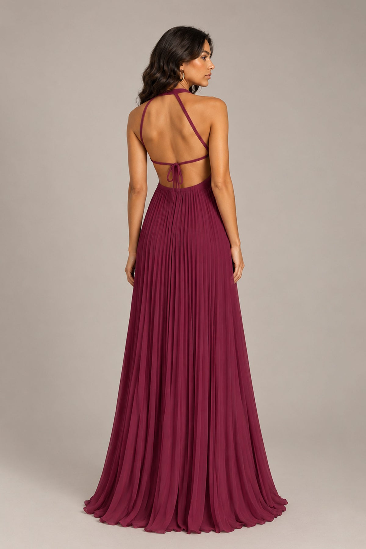 BOLODOO Desert Rose Halter Neck Pleated Chiffon Maxi Dress with Side Slit - Desert Rose