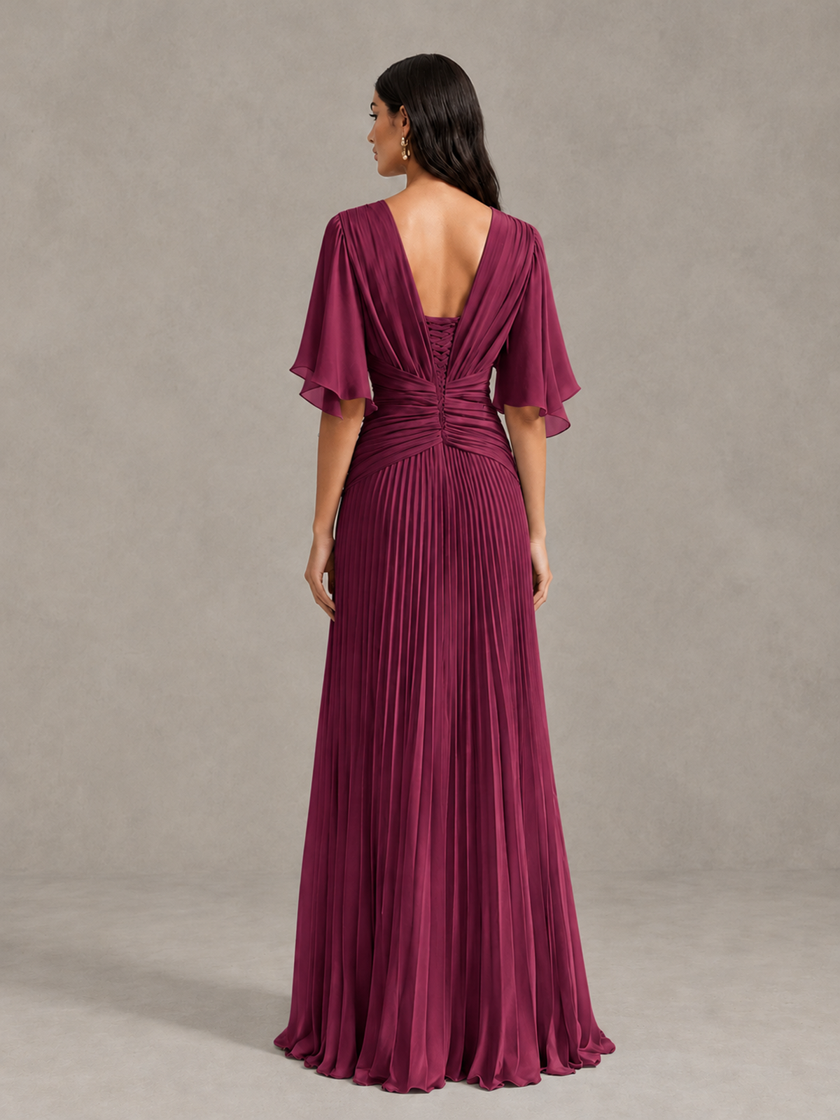 BOLODOO Desert Rose Pleated V-Neck Flutter Sleeve Bridesmaid Dress - Desert Rose - Desert Rose (2)