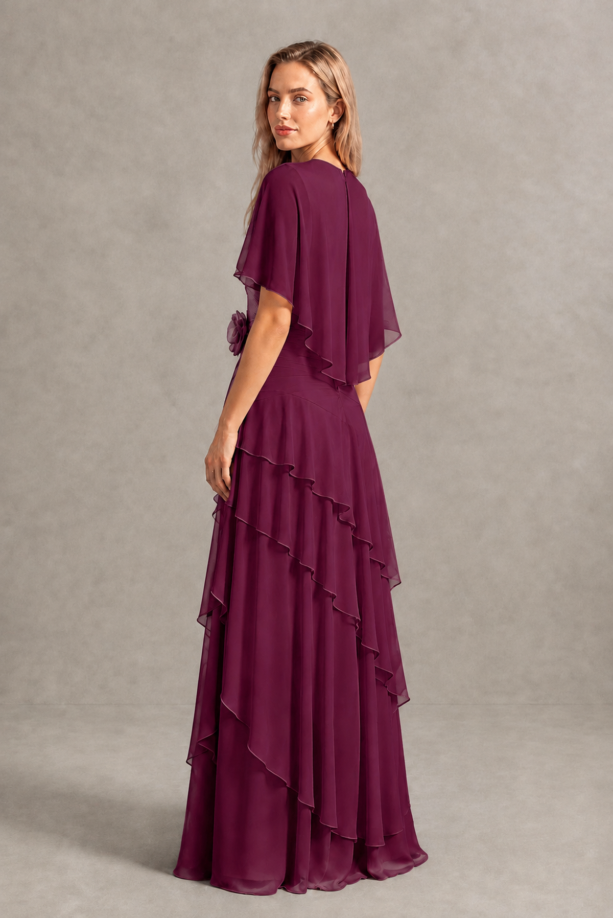 BOLODOO Desert Rose Chiffon Flutter Sleeve Tiered Maxi Dress with 3D Rosette - Desert Rose