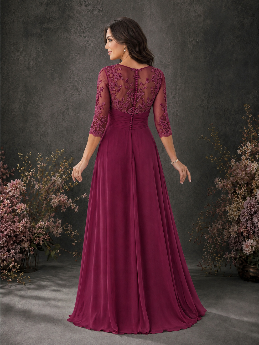 BOLODOO Desert Rose Chiffon Lace Illusion Neckline 3/4 Sleeve Floor Length Formal Gown - Desert Rose