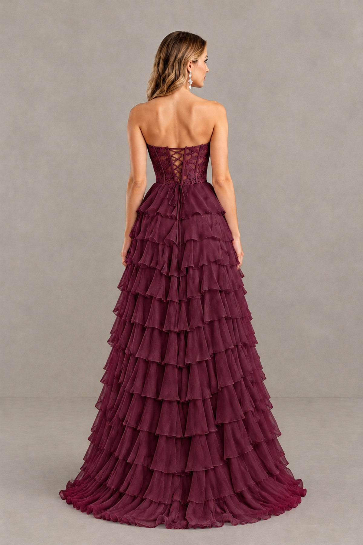BOLODOO Desert Rose Strapless Lace Corset Tiered Ruffle Prom Dress with Slit - Desert Rose - Desert Rose (2)