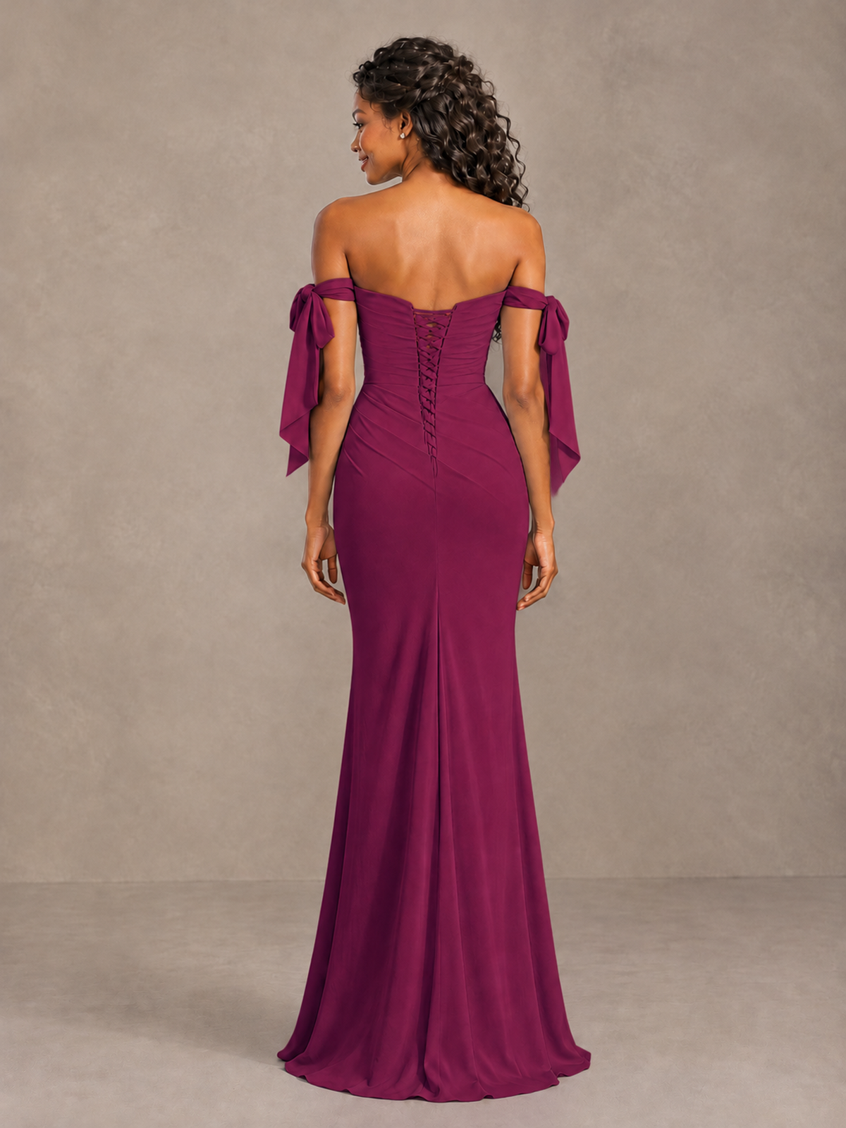 Desert Rose Off-Shoulder Bow Bridesmaid Dress with Slit - Desert Rose - Desert Rose (2)