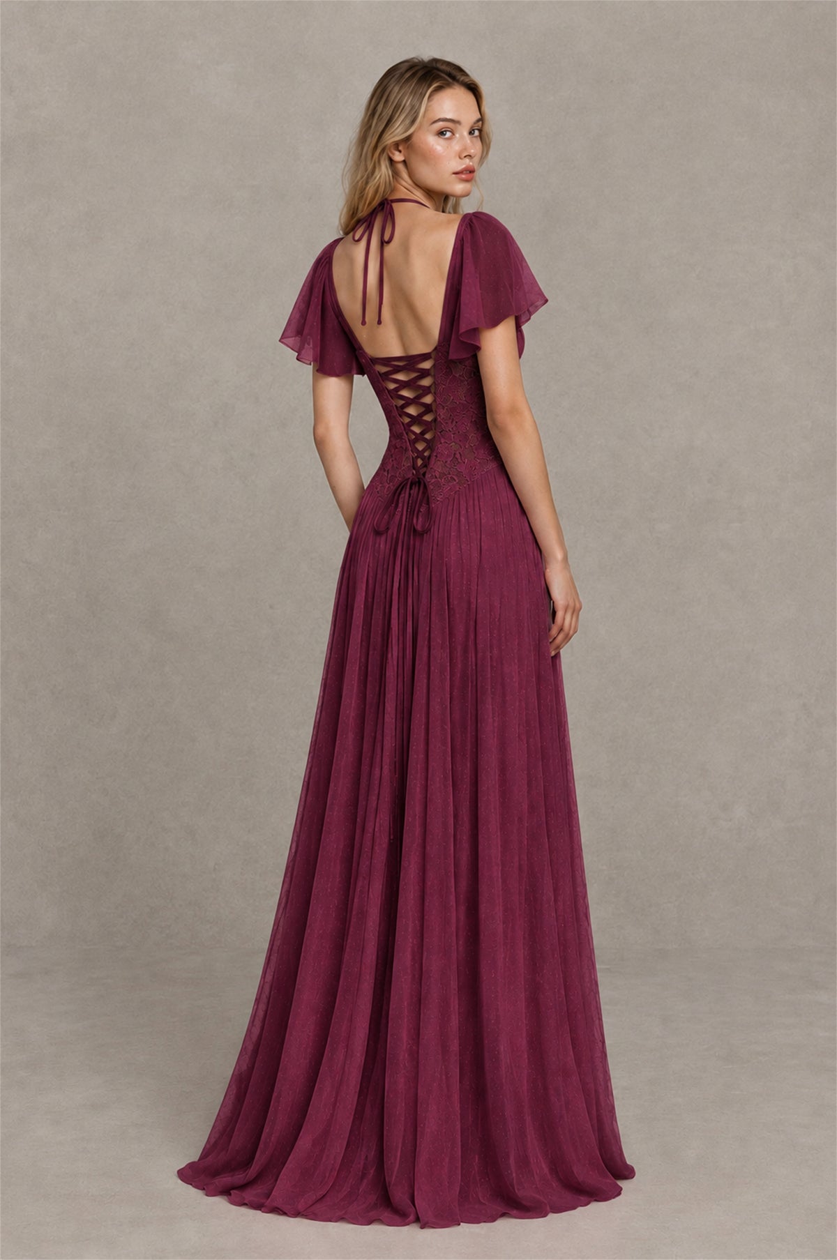 BOLODOO Desert Rose Flutter Sleeve Lace Corset A-Line Maxi Dress - Desert Rose - Desert Rose (2)