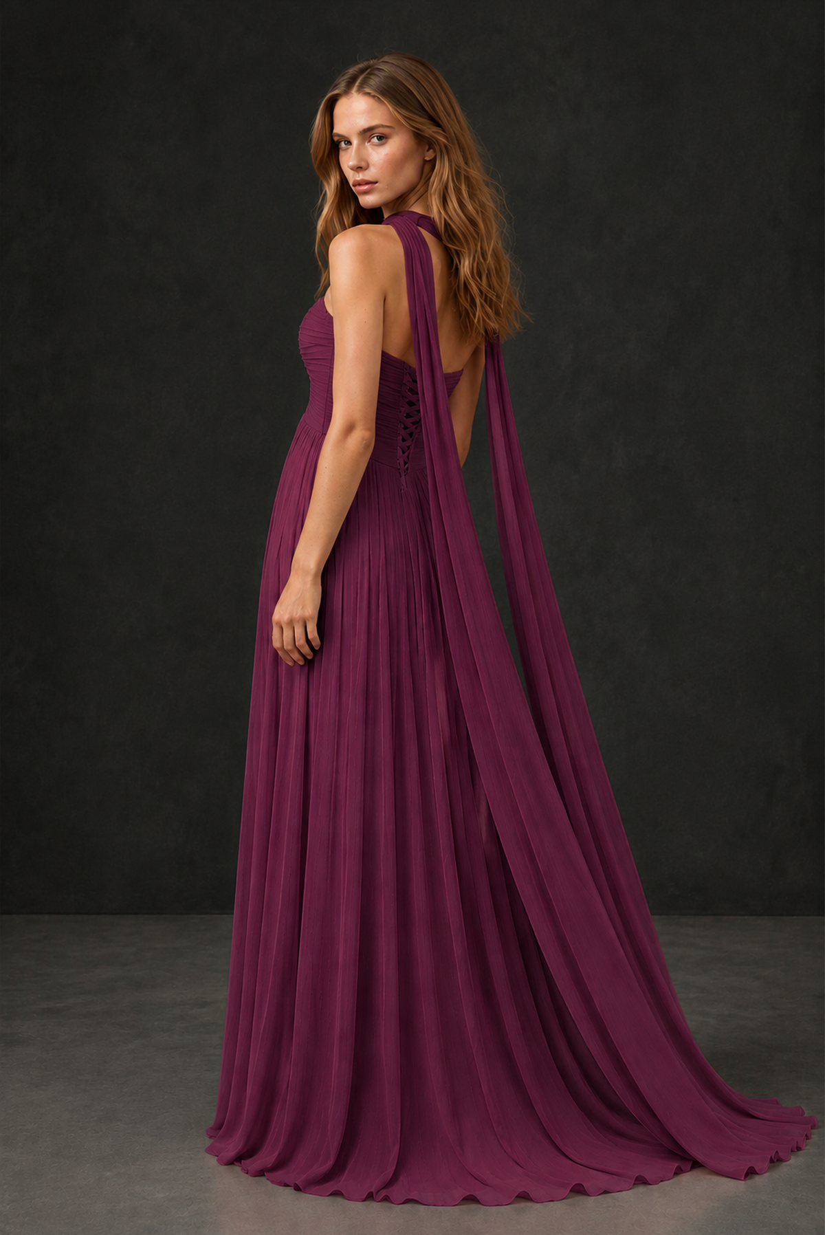 BOLODOO Desert Rose Sweetheart Strapless Twist Knot Detached Halter Scarf Lace-Up Back Empire Waist Chiffon Maxi Dress - Desert Rose