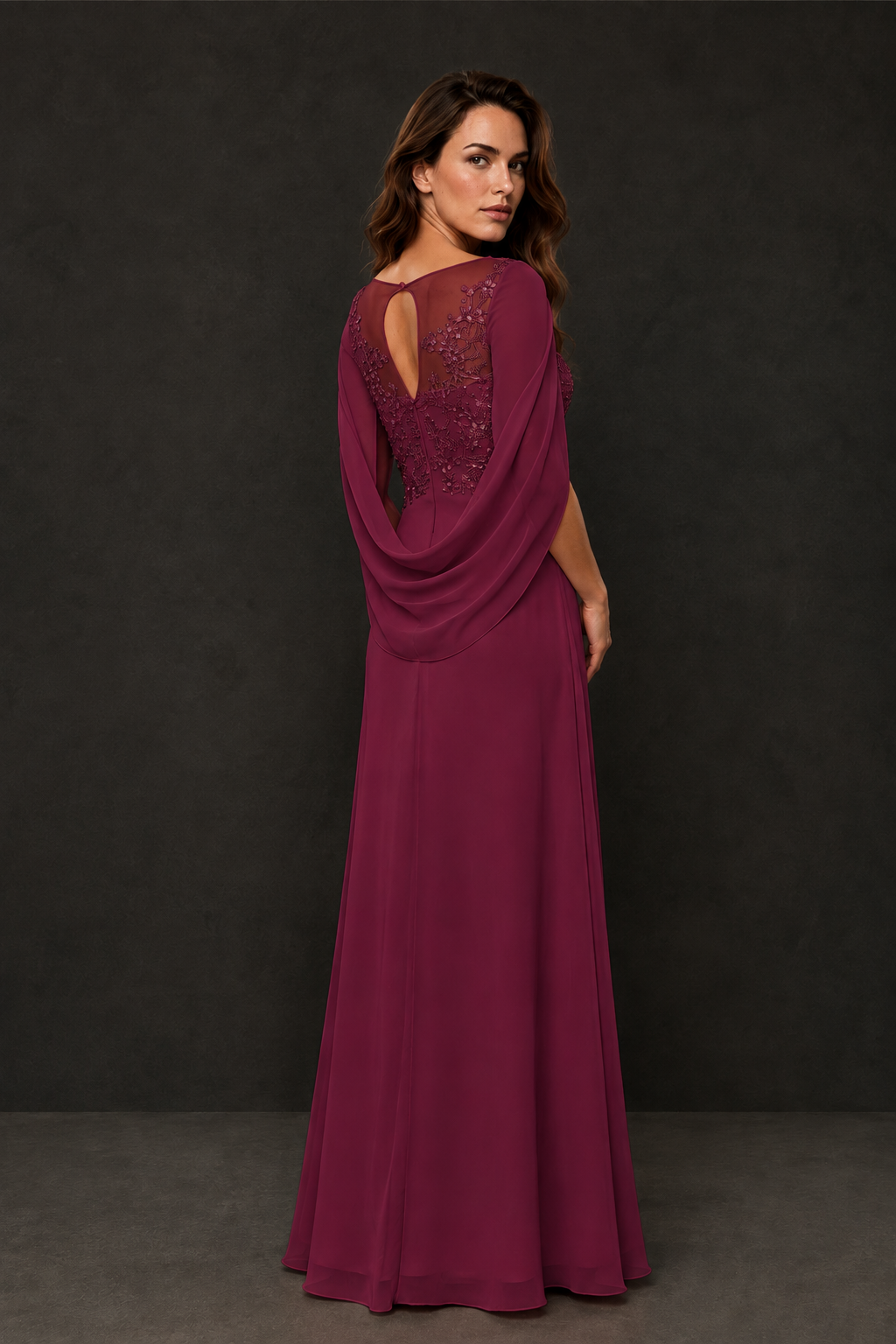 BOLODOO Desert Rose Illusion Lace One-Side Cape Sleeve Beaded Chiffon Floor Length Gown | Mother of the Bride Evening Dress - Desert Rose