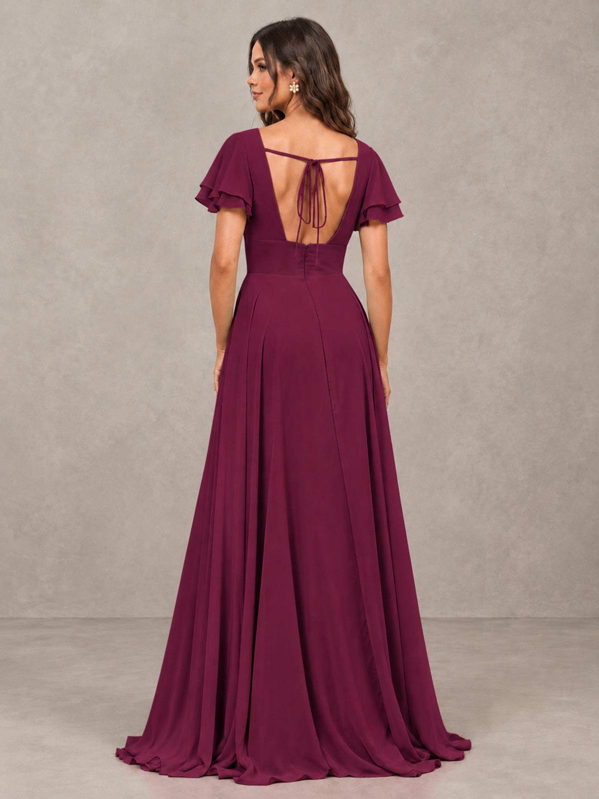 BOLODOO Desert Rose Flutter Sleeve Chiffon A-Line Maxi Bridesmaid Dress with Open Back & Slit - Desert Rose - Desert Rose (2)