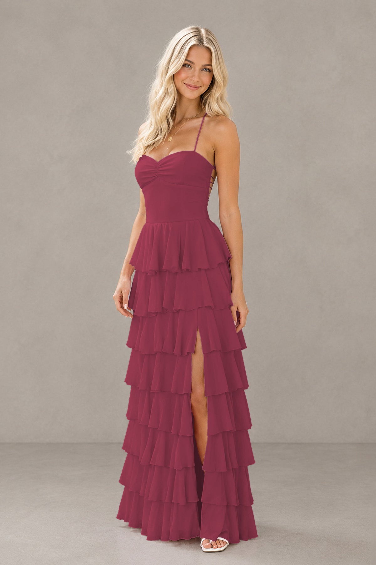 BOLODOO Desert Rose Strapless Tiered Ruffle Maxi Dress with Slit & Lace-Up Back - Desert Rose