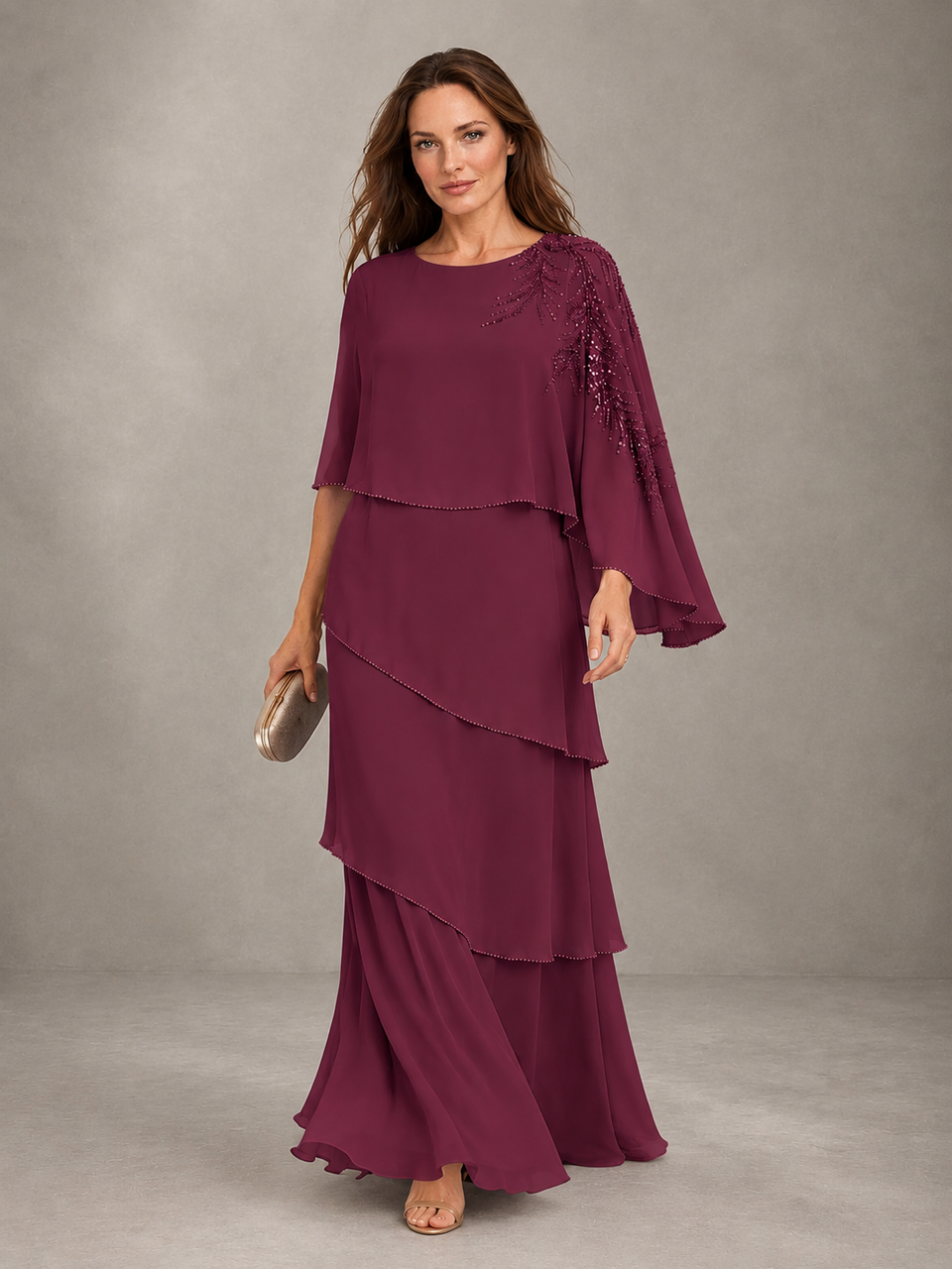 BOLODOO Desert Rose Mocha Asymmetric Cape Sleeve Desert Rose Sequin Embroidered Pearl Trim Tiered Chiffon Gown - Desert Rose