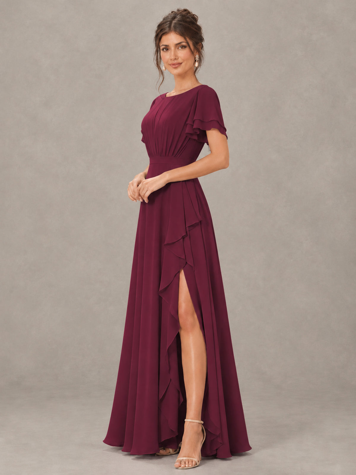 BOLODOO Desert Rose Flutter Sleeve Ruffle Bridesmaid Dress with Slit - Desert Rose - Desert Rose (3)