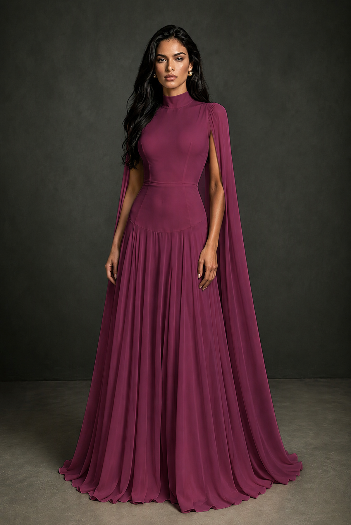 BOLODOO Desert Rose Mock Neck Cape Sleeve A-Line Chiffon Maxi Dress - Desert Rose