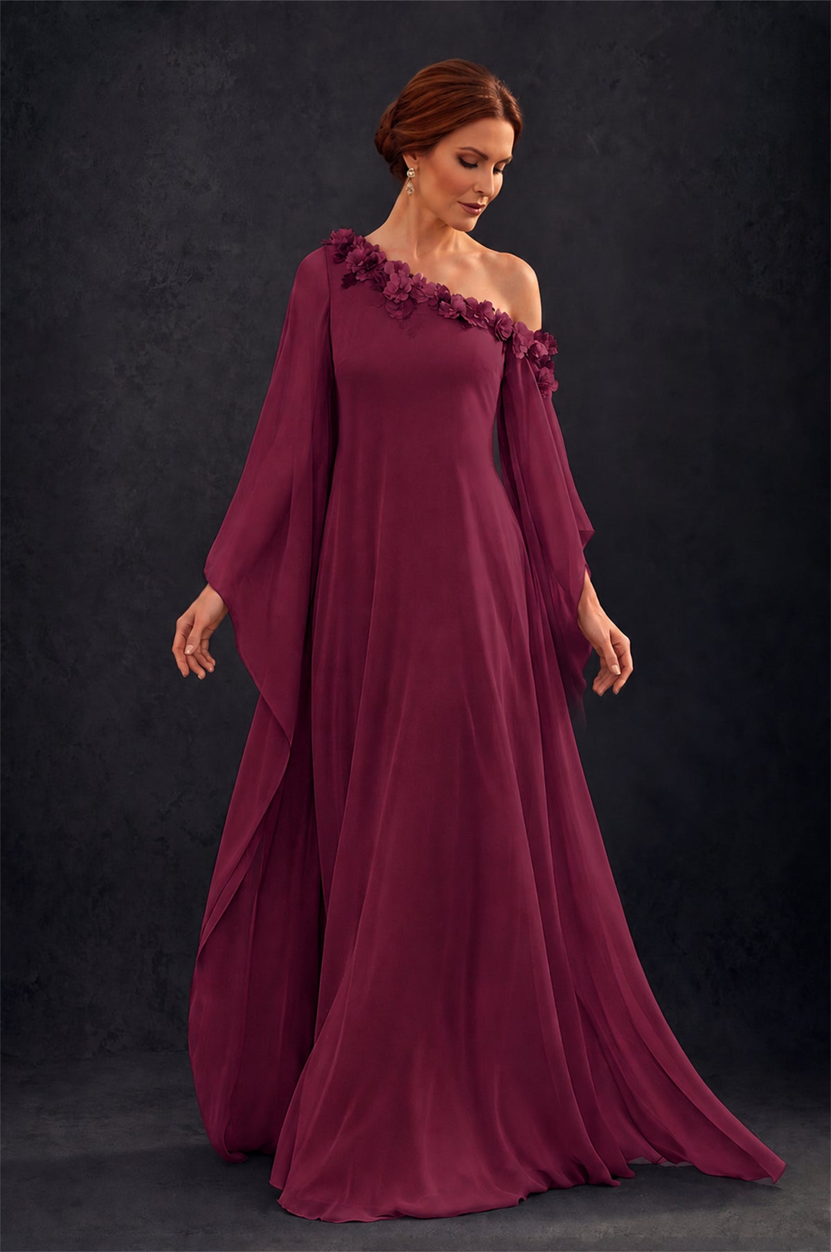 BOLODOO Desert Rose 2-Piece Set: Off-Shoulder 3D Floral Cape Gown & One-Shoulder Wide-Leg Jumpsuit | BD0373 - Desert Rose