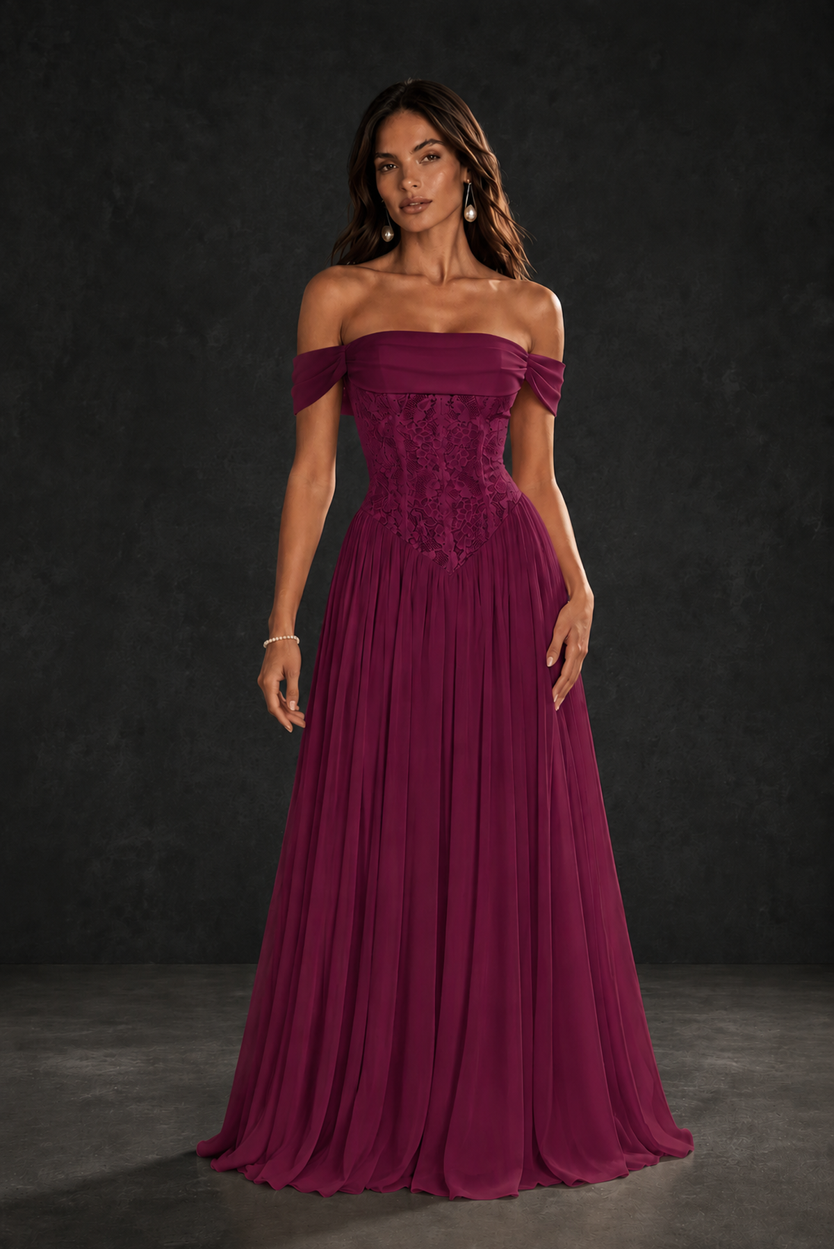 BOLODOO Desert Rose Off-Shoulder Lace Corset Tulle Maxi Dress - Desert Rose