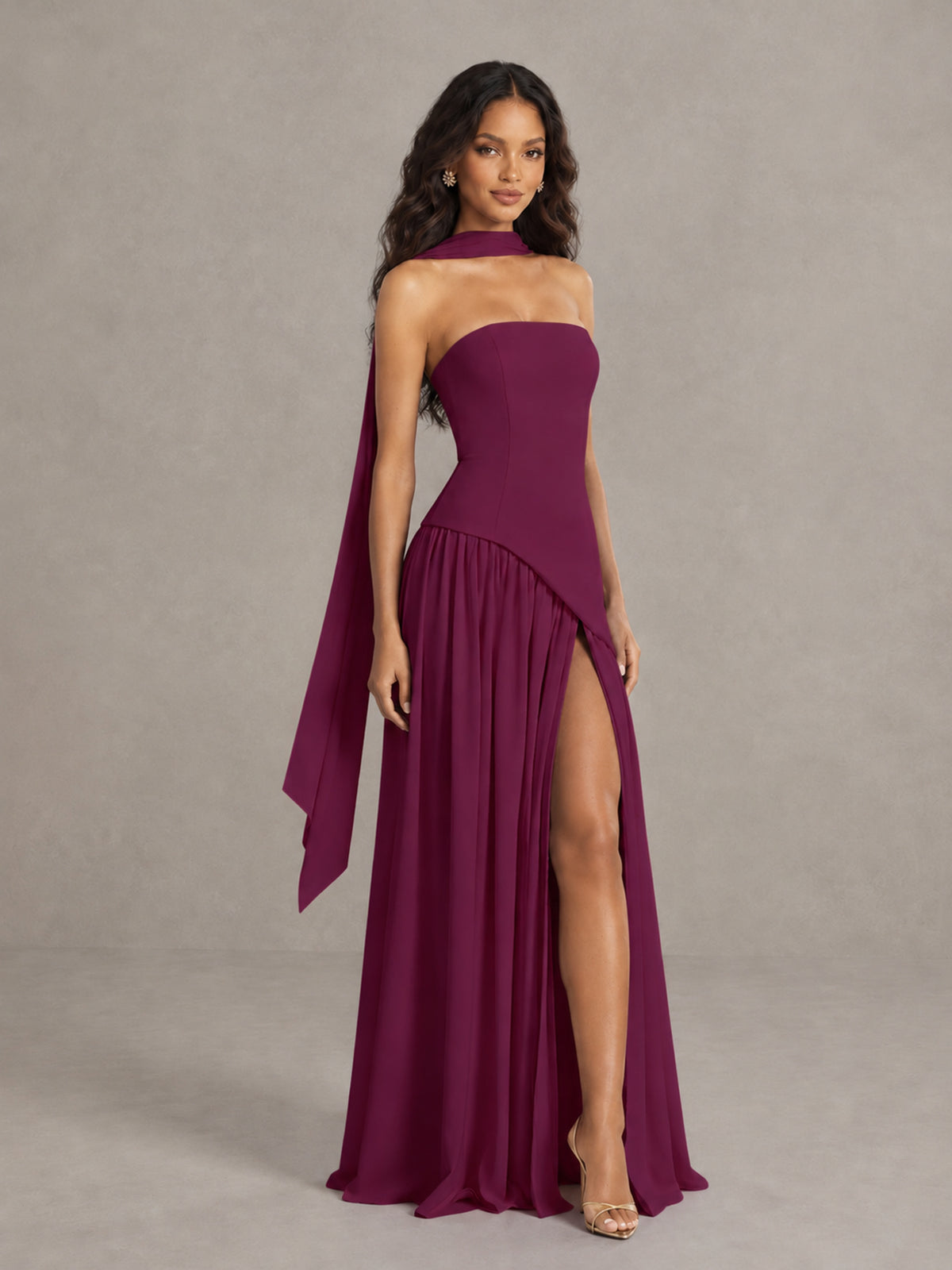 Desert Rose Strapless Bridesmaid Dress with Scarf & High Slit - Desert Rose - Desert Rose (3)