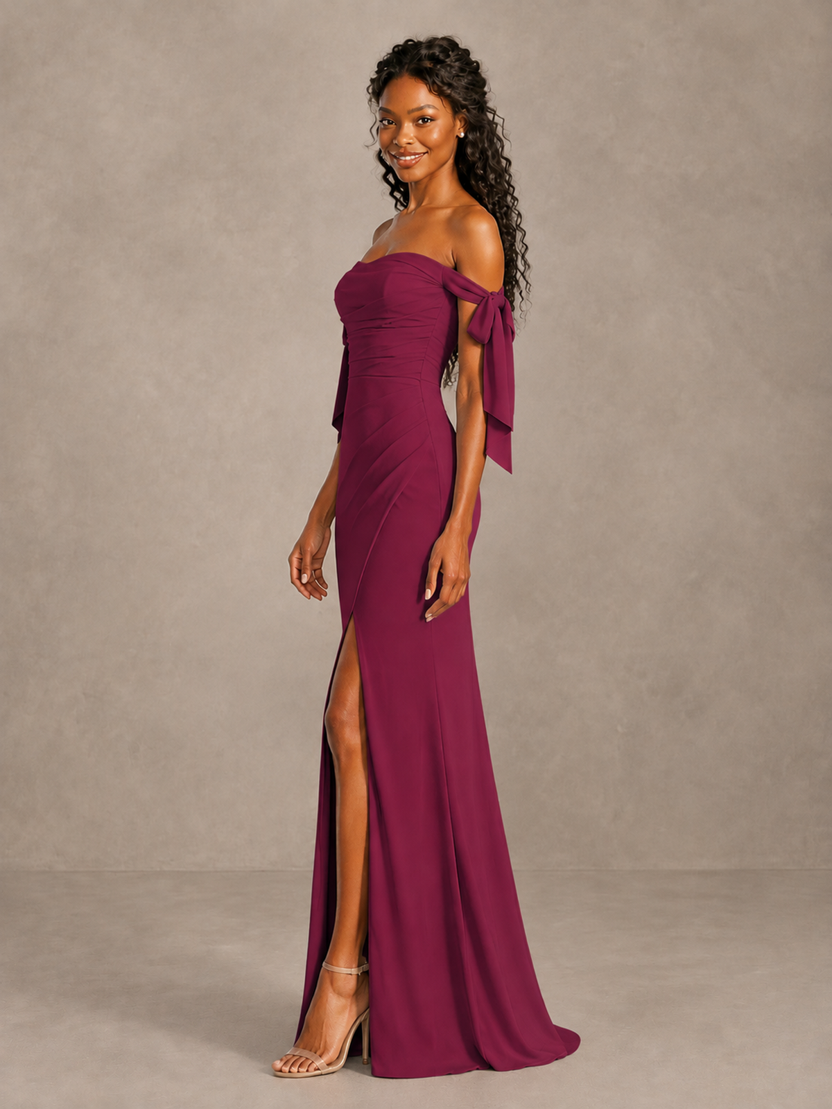 Desert Rose Off-Shoulder Bow Bridesmaid Dress with Slit - Desert Rose - Desert Rose (3)